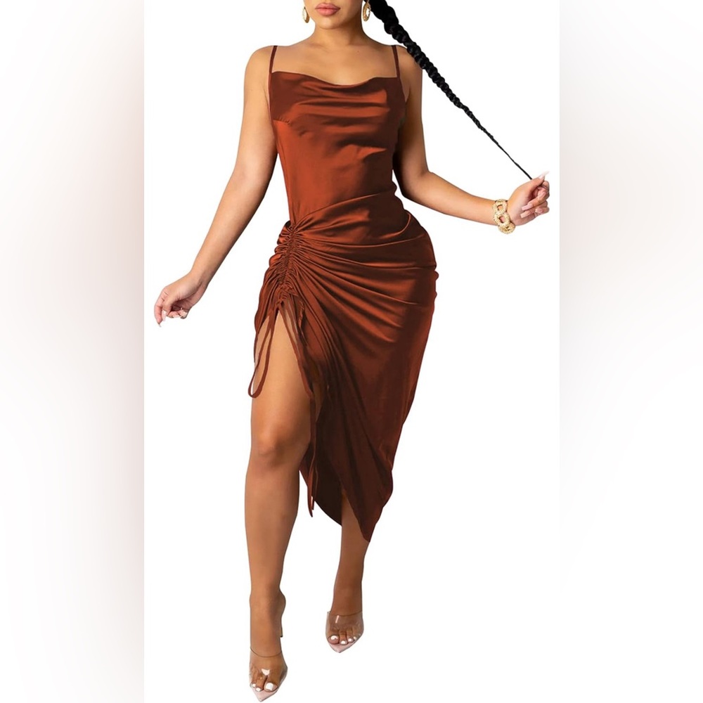 Spaghetti Strap Satin Dress Sexy Backless Drawstring Ruched Split Hem